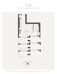 A floor plan for a studio apartment with a bathroom and a balcony.